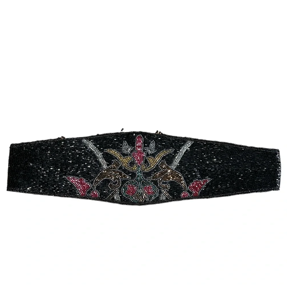 Vintage Carla Marchi Black Beaded Belt OSFM Flapper Avant Garde Retro Boho